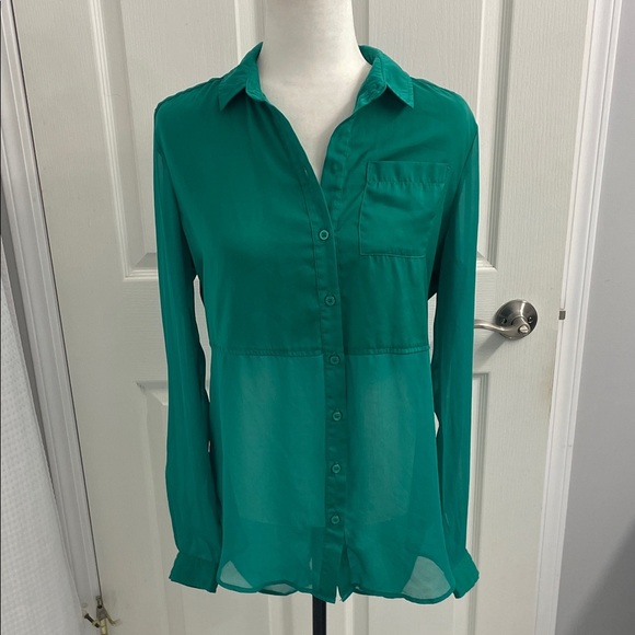 Free People Sheer Teal Green Long Sleeve Women's Button-Down Shirt. Sz S/M - Picture 2 of 15